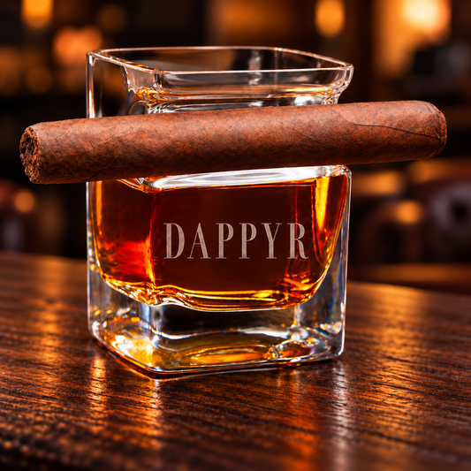 DAPPYR etched square cigar glass with integrated cigar rest